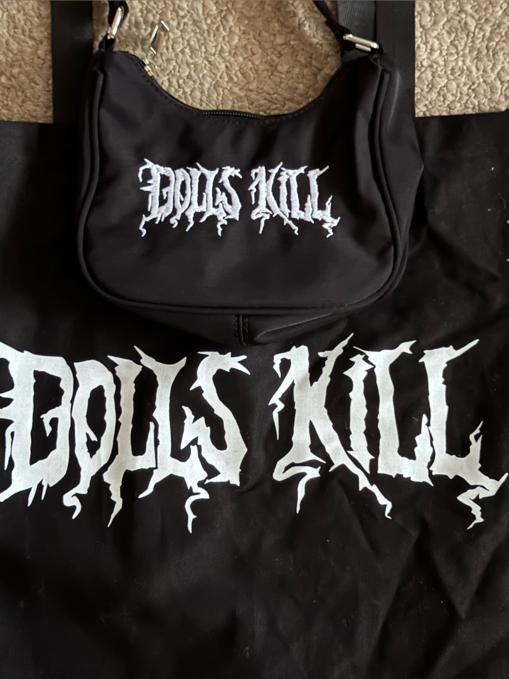 NWOT New Dolls Kill Bundle Black Embroidered Shoulder Purse & Tote Merch Bag